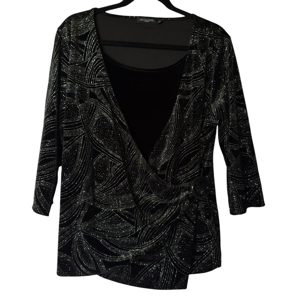 Notations Top Womens 1X Black Silver‎ Sparkly Side Wrap Whimsigoth Fairy Velvet